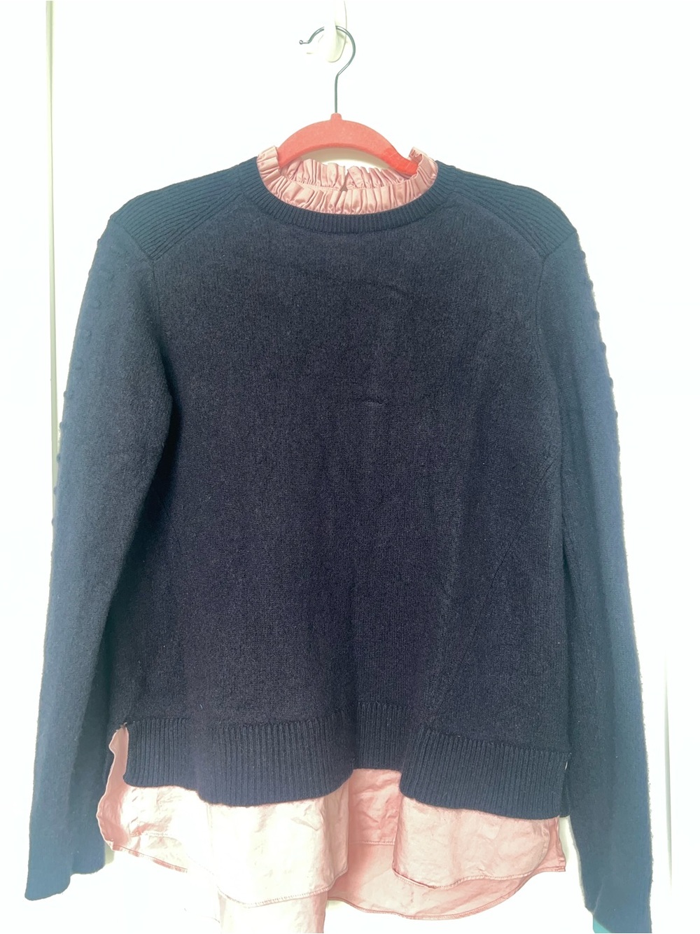 Ted Baker Blue Crewneck Sweater with Pink Ruffle Trim